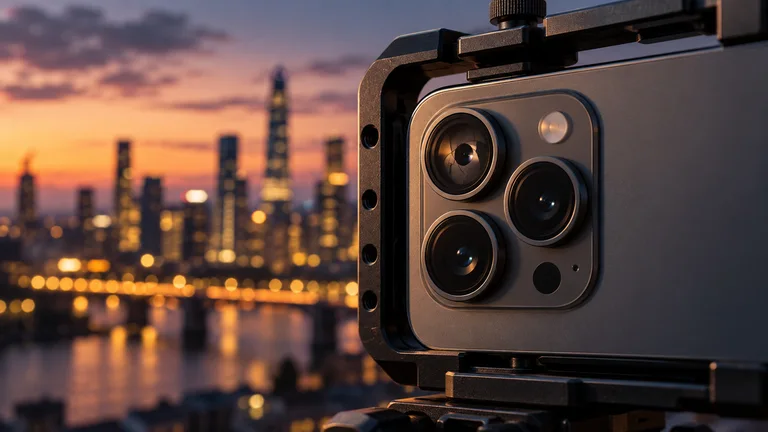 Rear camera lenses on a smartphone filming rig at dusk, illustrating variable aperture video capture