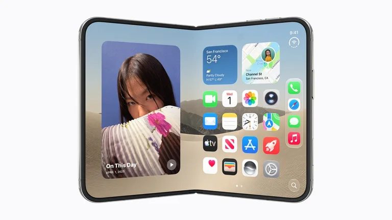 Apple iPhone Duo partly folded with its Home Screen across the inner display