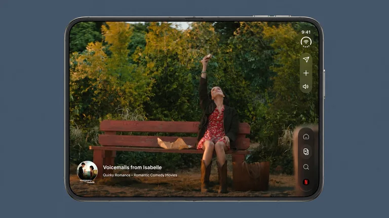 iPhone Duo displaying Netflix on its unfolded screen against a muted blue-gray background