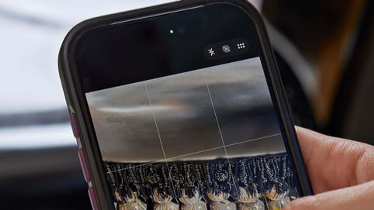 Hands hold an iPhone showing a close-up photograph of the beaded fringe on Isabel Rower’s Padded Chair 1860, in Apple’s official showcase image.