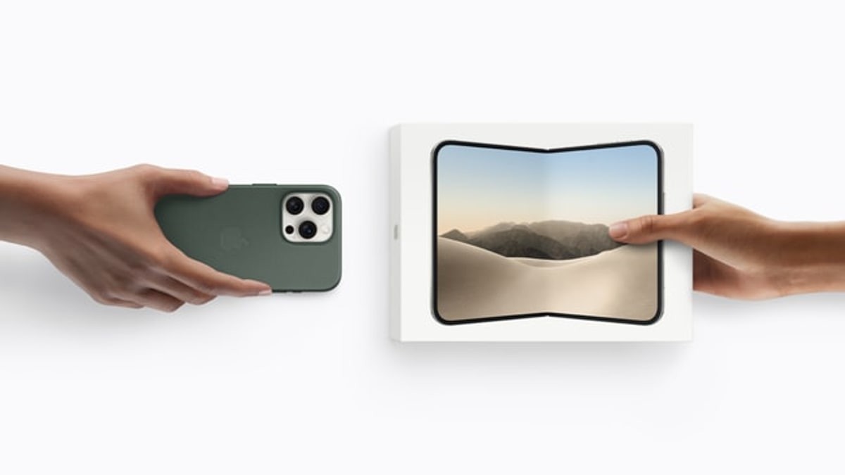 Apple promotional photo showing an older iPhone being exchanged for a boxed iPhone Duo