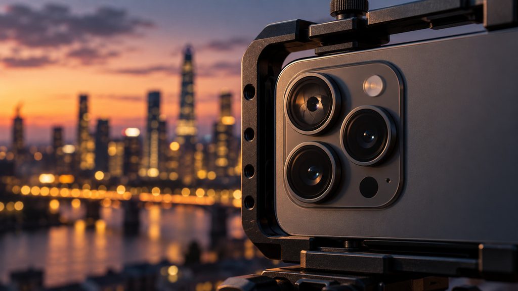 Rear camera lenses on a smartphone filming rig at dusk, illustrating variable aperture video capture