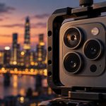 Rear camera lenses on a smartphone filming rig at dusk, illustrating variable aperture video capture