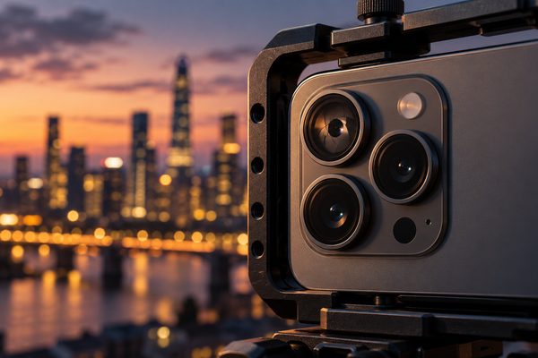 Rear camera lenses on a smartphone filming rig at dusk, illustrating variable aperture video capture