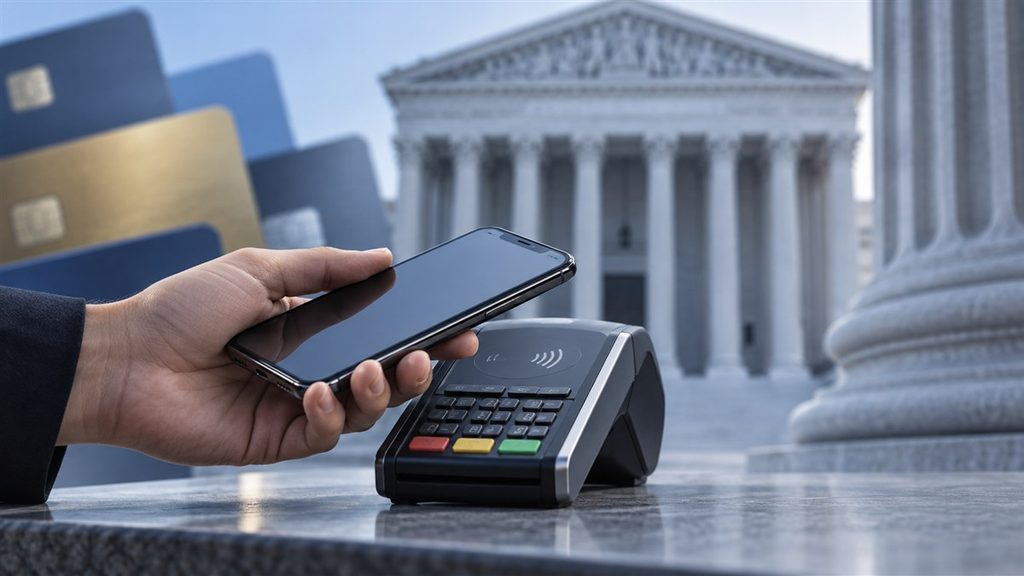 Apple Pay fee lawsuit illustrated by a phone, payment terminal and courthouse