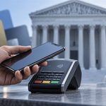 Apple Pay fee lawsuit illustrated by a phone, payment terminal and courthouse