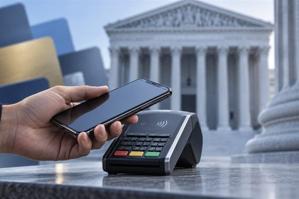Apple Pay fee lawsuit illustrated by a phone, payment terminal and courthouse