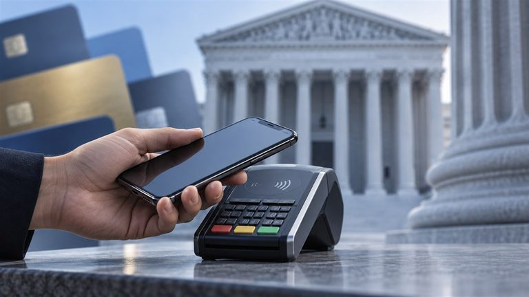 Apple Pay fee lawsuit illustrated by a phone, payment terminal and courthouse