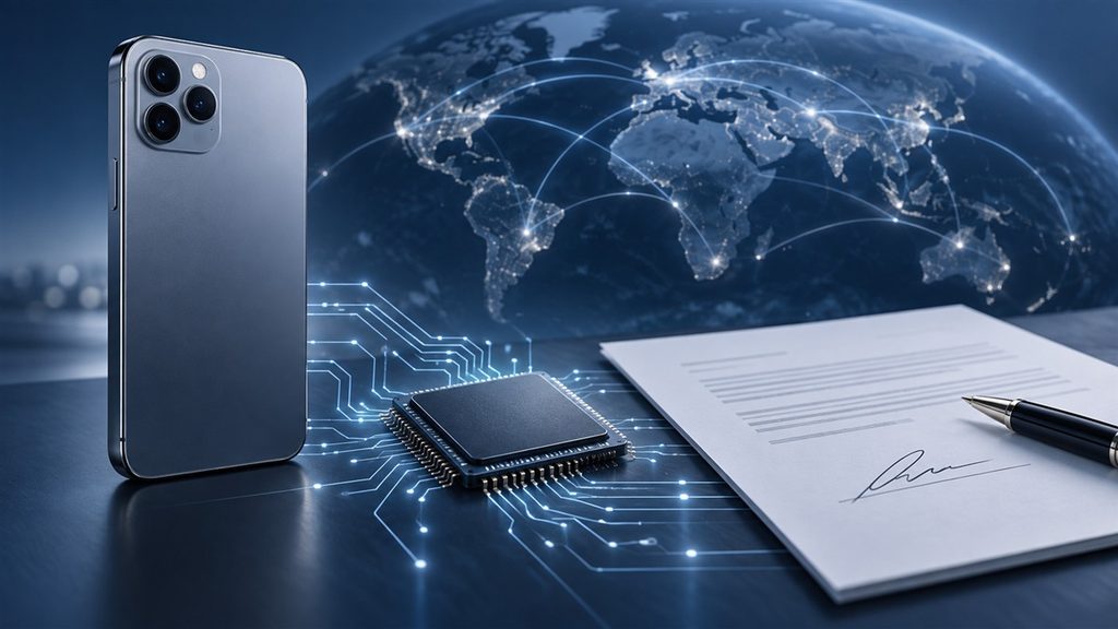 Qualcomm patent license with Apple illustrated by a smartphone, modem chip and signed agreement
