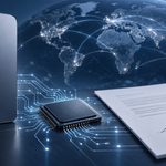 Qualcomm patent license with Apple illustrated by a smartphone, modem chip and signed agreement