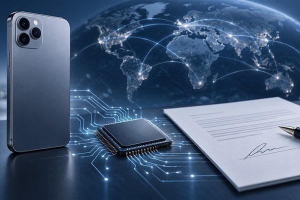 Qualcomm patent license with Apple illustrated by a smartphone, modem chip and signed agreement
