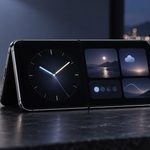 Concept illustration of iPhone Duo in StandBy with a clock and modular widgets