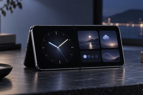 Concept illustration of iPhone Duo in StandBy with a clock and modular widgets
