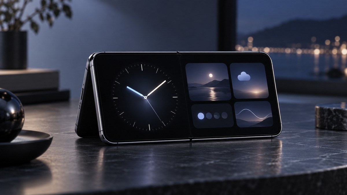 Concept illustration of iPhone Duo in StandBy with a clock and modular widgets