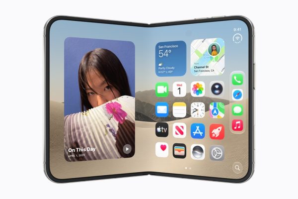 Apple iPhone Duo partly folded with its Home Screen across the inner display