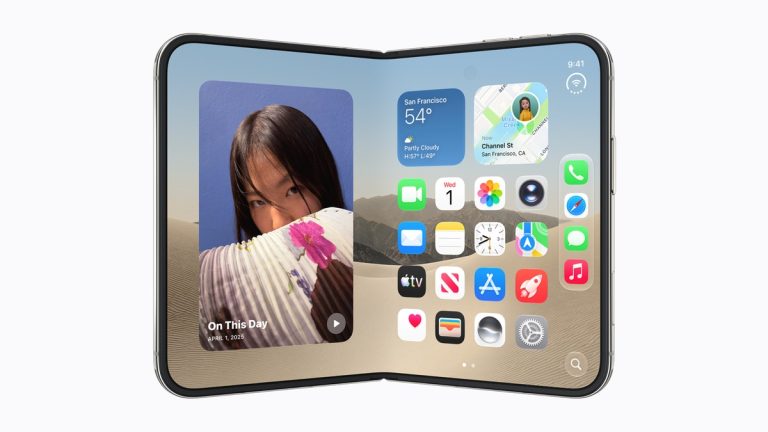 Apple iPhone Duo partly folded with its Home Screen across the inner display