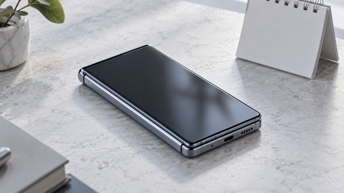 Illustrative closed foldable phone beside a blank calendar ahead of iPhone Duo preorders.