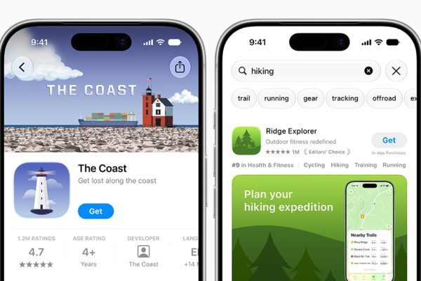 Apple examples of App Store creative assets in a product page header and search results