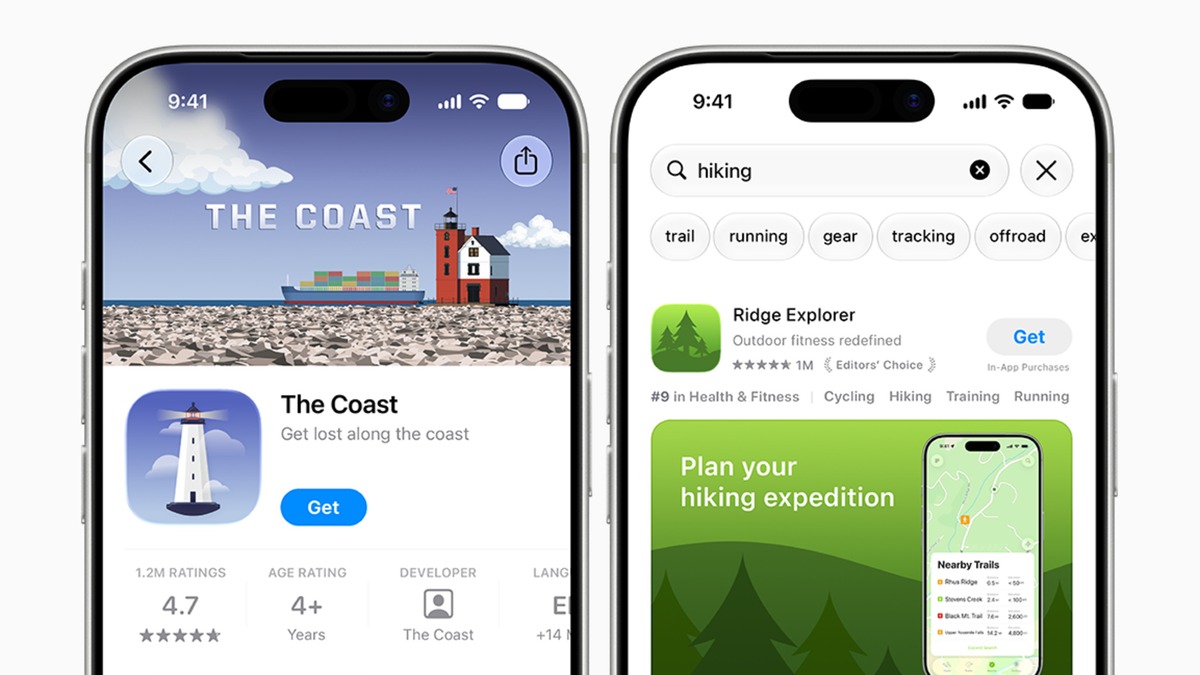 Apple examples of App Store creative assets in a product page header and search results