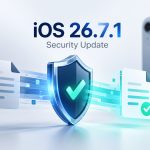 iOS 26.7.1 security update illustration with a shield and file icons
