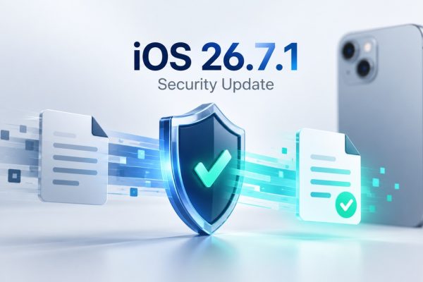iOS 26.7.1 security update illustration with a shield and file icons