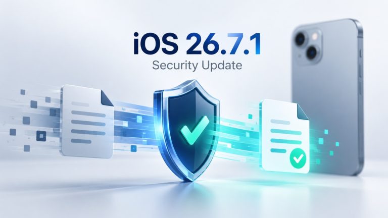 iOS 26.7.1 security update illustration with a shield and file icons