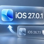 Editorial iOS 27 upgrade comparison showing 27.0.1 above 26.7.1 with a security shield