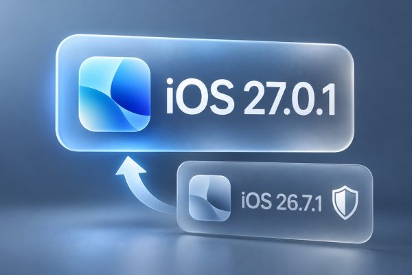 Editorial iOS 27 upgrade comparison showing 27.0.1 above 26.7.1 with a security shield