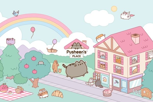 Pusheen cats around a pastel house in official artwork for Apple Arcade October games