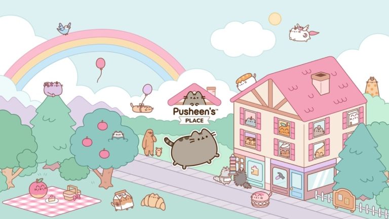 Pusheen cats around a pastel house in official artwork for Apple Arcade October games