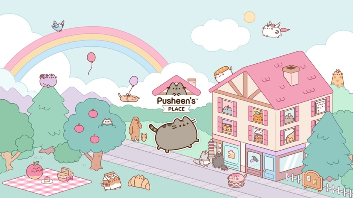 Pusheen cats around a pastel house in official artwork for Apple Arcade October games